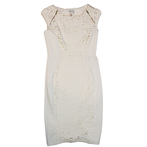 Enfocus Studio Ivory Sheath Dress Size 4 Floral Cutout Stretch Cocktail Party - Picture 6 of 16